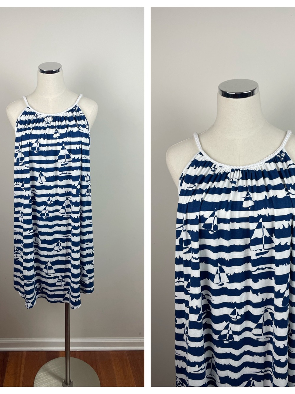 Indigo Soul Navy Blue White Sailboat Tropical Rope Neck Dress Medium Nautical